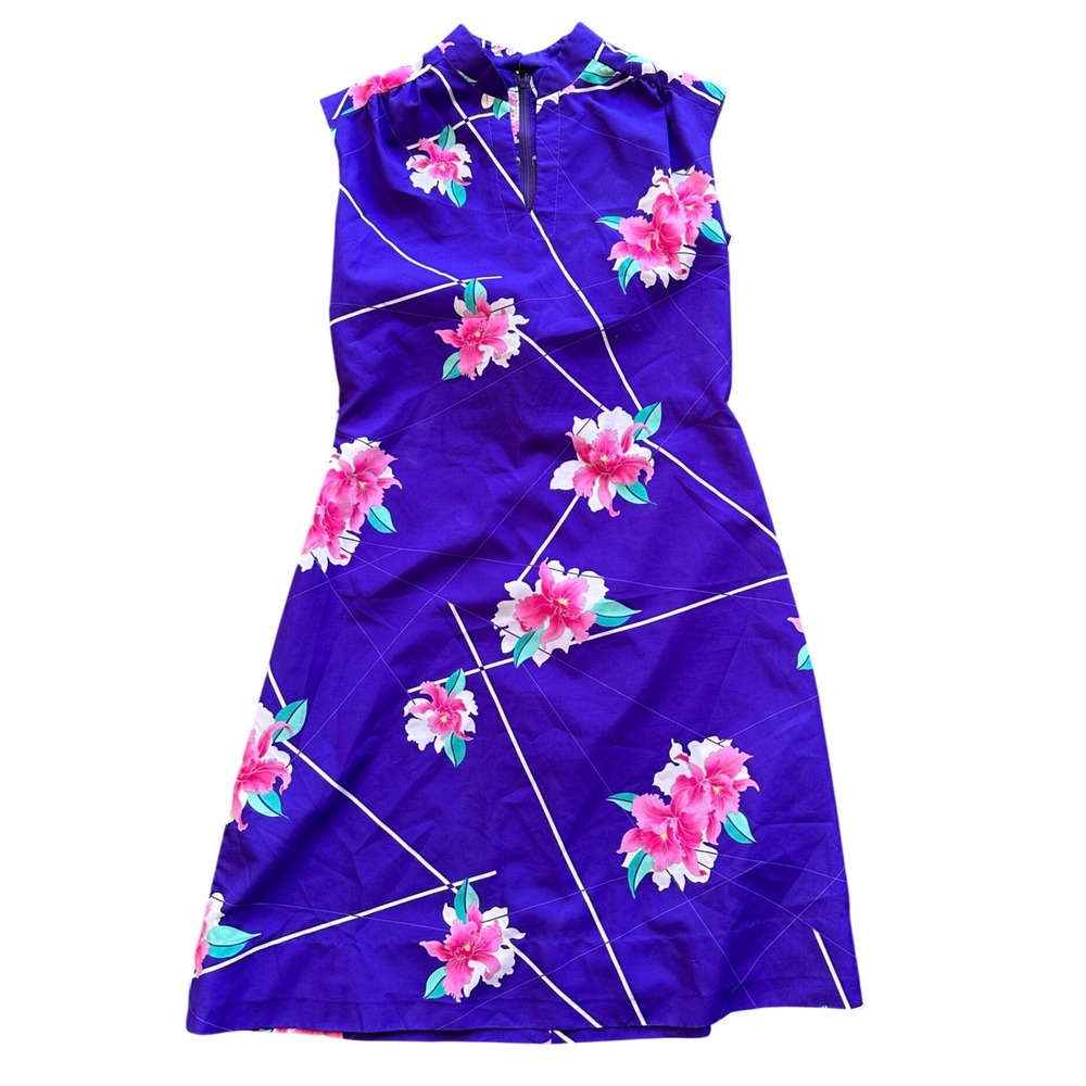 Hilo Hattie Hawaii Vintage Purple Pink Floral Shift Dress Mock Neck 10